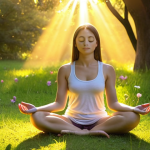**

A serene scene depicting a person meditating outdoors at sunrise.  The individual is sitting in a lotus position on a lush green lawn with flowers. Golden rays of sunlight are streaming through the trees.  The person has a peaceful expression and is surrounded by a gentle, glowing aura. The overall mood is calm, spiritual and hopeful. Style: Impressionistic, soft focus, warm colors.

**