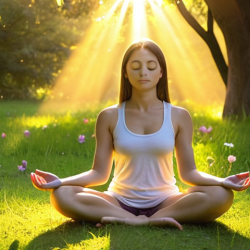 Home 19 **
A serene scene depicting a person meditating outdoors at sunrise. The individual is sitting in a lotus position on a lush green lawn with flowers. Golden rays of sunlight are streaming through the trees. The person has a peaceful expression and is surrounded by a gentle, glowing aura. The overall mood is calm, spiritual and hopeful. Style: Impressionistic, soft focus, warm colors.
**
