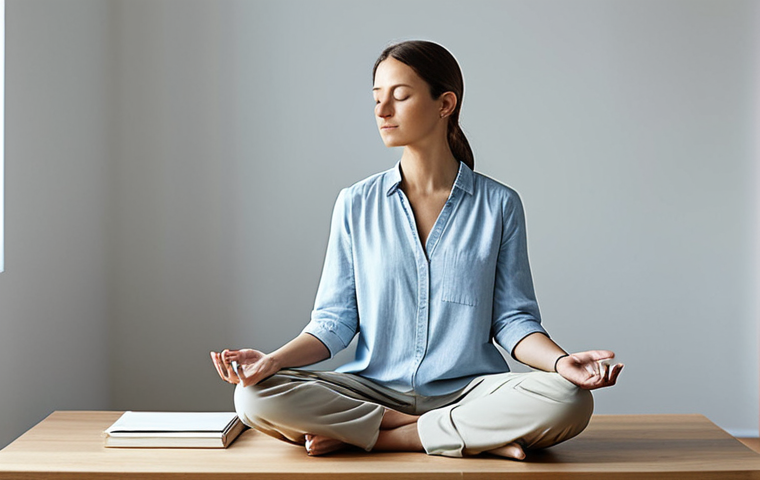 **Prompt for Mental Clarity and Digital Detox:**
A professional woman in her early 30s, dressed in a modest business casual outfit, sits in a calm, minimalist modern workspace. She is in a meditative pose, eyes gently closed, exuding deep serenity and mental clarity. Soft, diffused natural light illuminates the scene, suggesting a peaceful dawn. Around her, subtle, abstract representations of digital noise and screen light gently dissolve into harmonious, tranquil patterns, symbolizing a digital detox. The overall atmosphere is one of profound inner peace and focused stillness.
*safe for work, appropriate content, fully clothed, professional, perfect anatomy, correct proportions, natural pose, well-formed hands, proper finger count, natural body proportions, professional photography, high quality.*