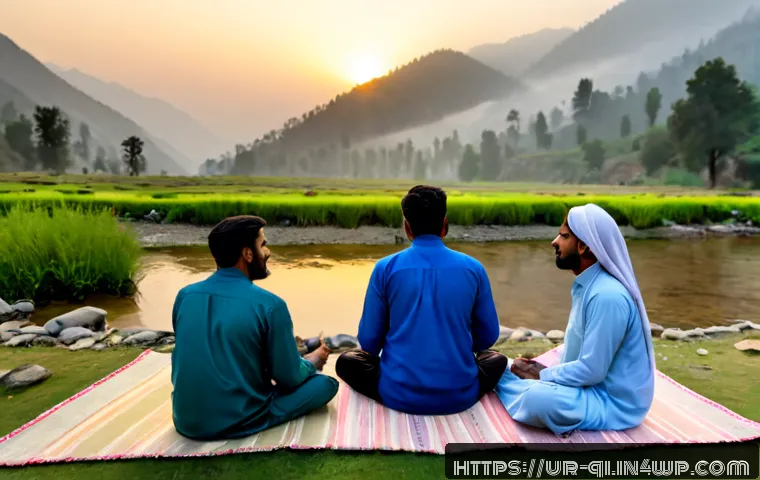 Home 12 전문가에게 배우는 명상적 여행 - Photorealistic mindful travel workshop in a serene Pakistani mountain valley, a calm local meditatio...